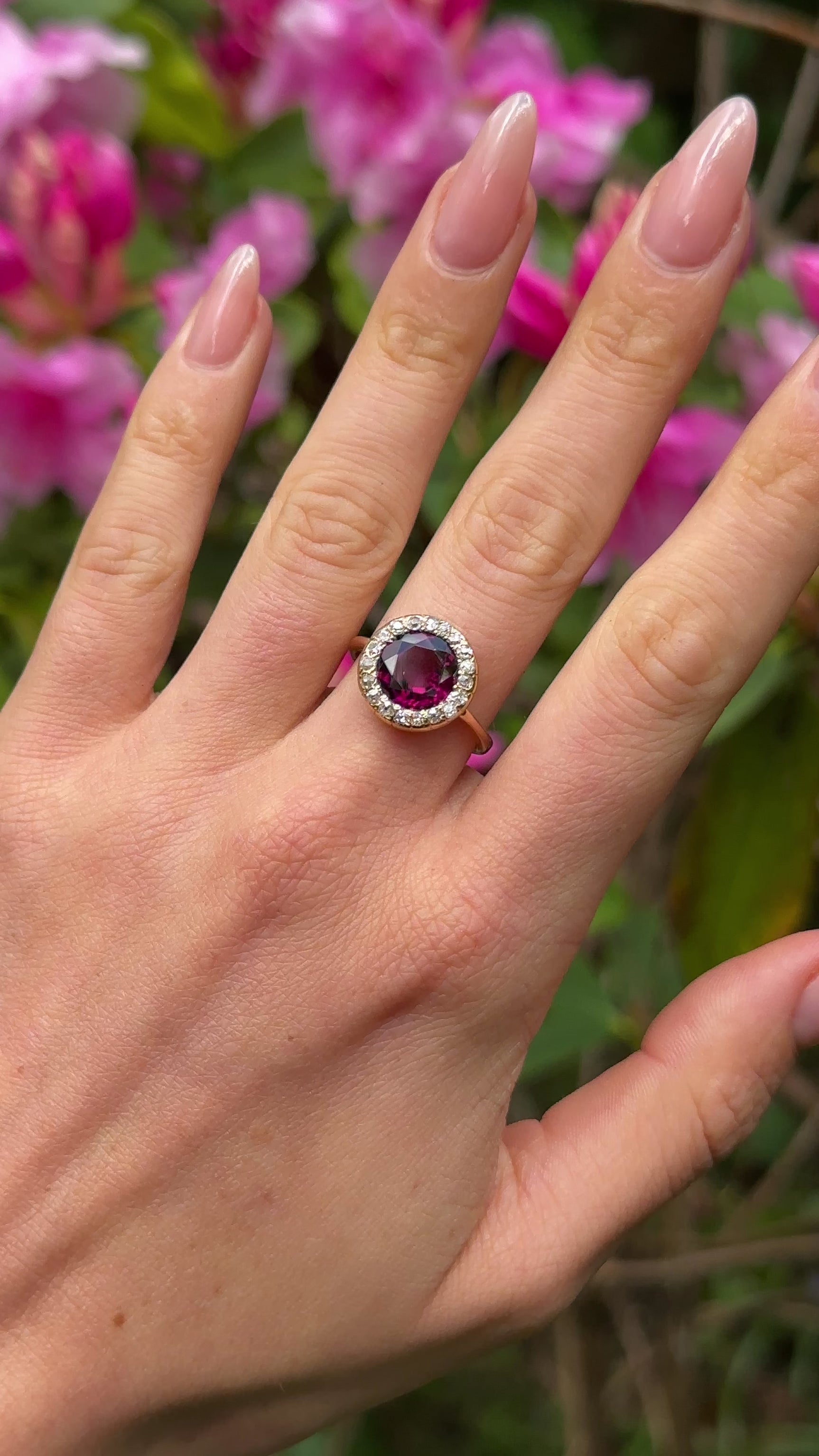 Antique, Victorian Garnet and Diamond Cluster Ring, 15ct yellow gold worn on hand.