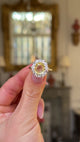 yellow sapphire and diamond cluster ring held in fingers and moved around to give perspective.