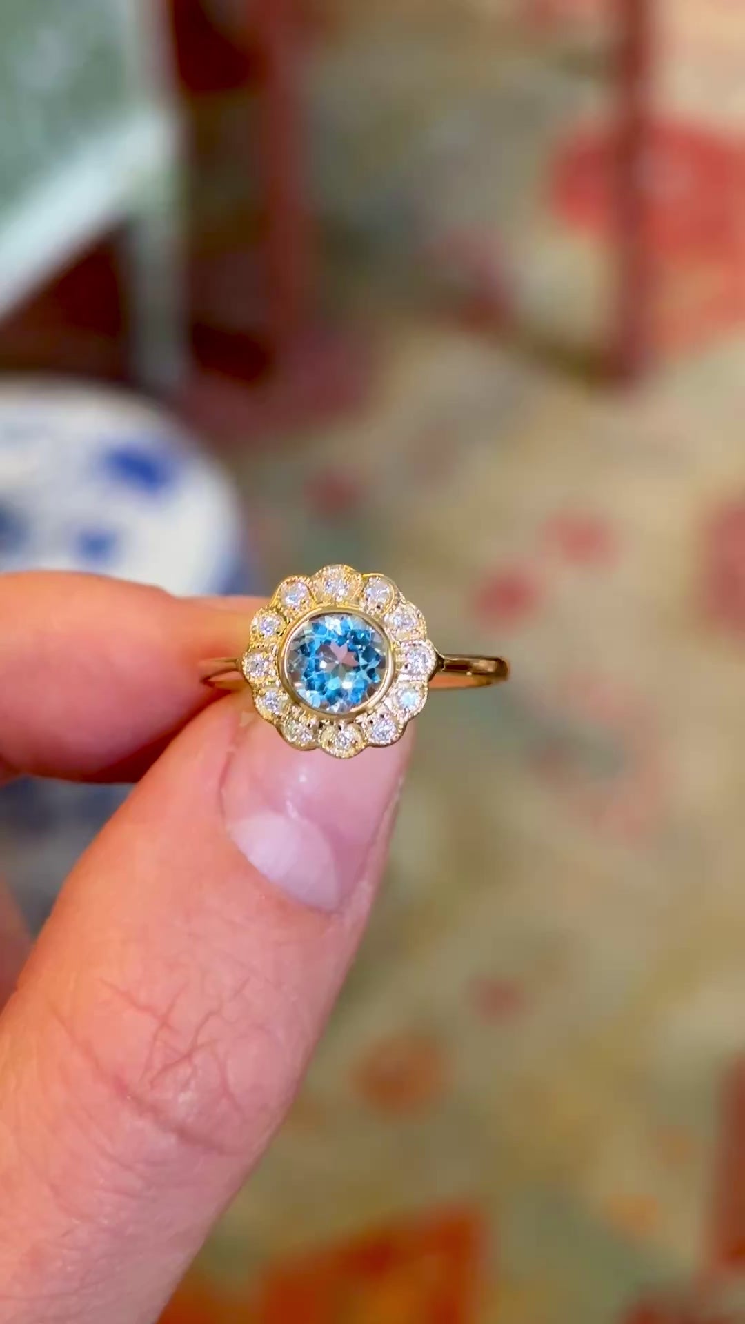 Vintage sky-blue topaz & diamond cluster ring