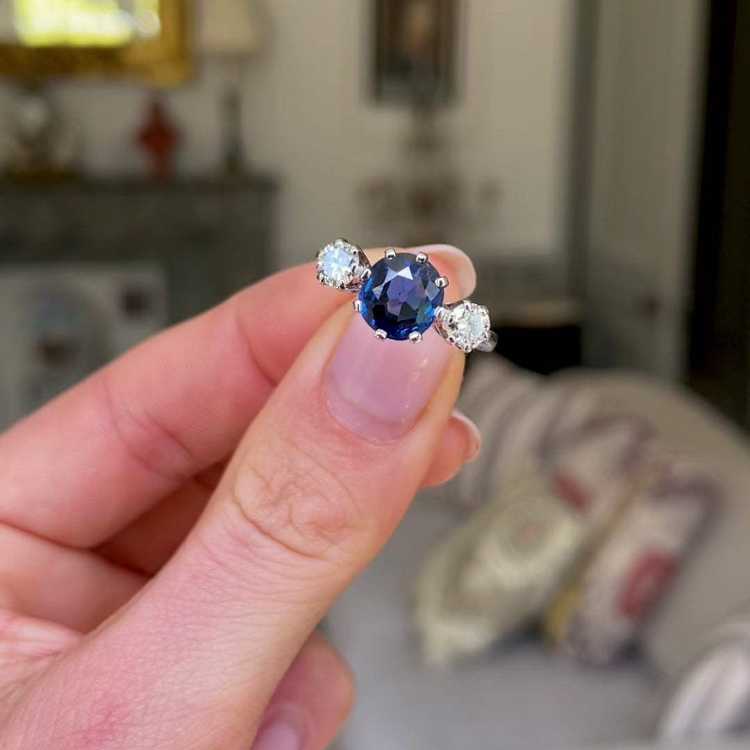 Burma Blue Sapphire and Diamond Three Stone Engagement Ring, Platinum