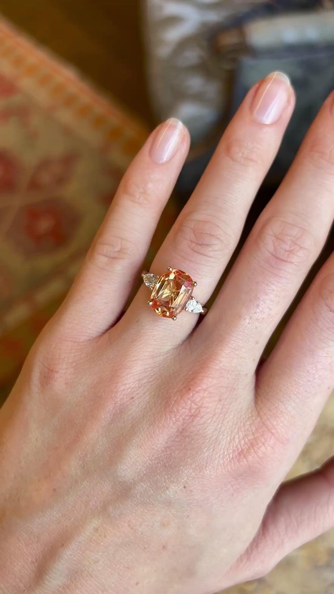 Old orange cushion-cut topaz & diamond three-stone ring – Antique