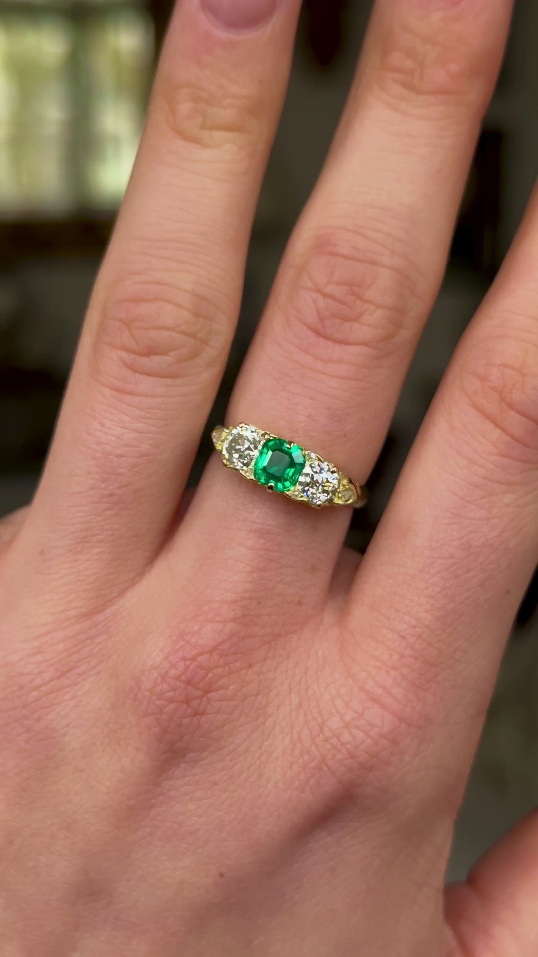 Antique, Edwardian Emerald and Diamond Three Stone Ring, 18ct Yellow Gold, worn on hand and moved around to give perspective.