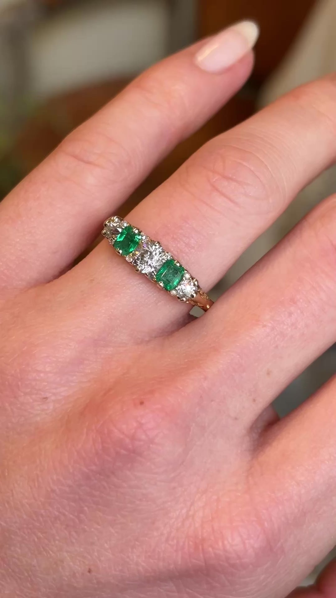 Antique, Edwardian diamond and emerald five-stone ring