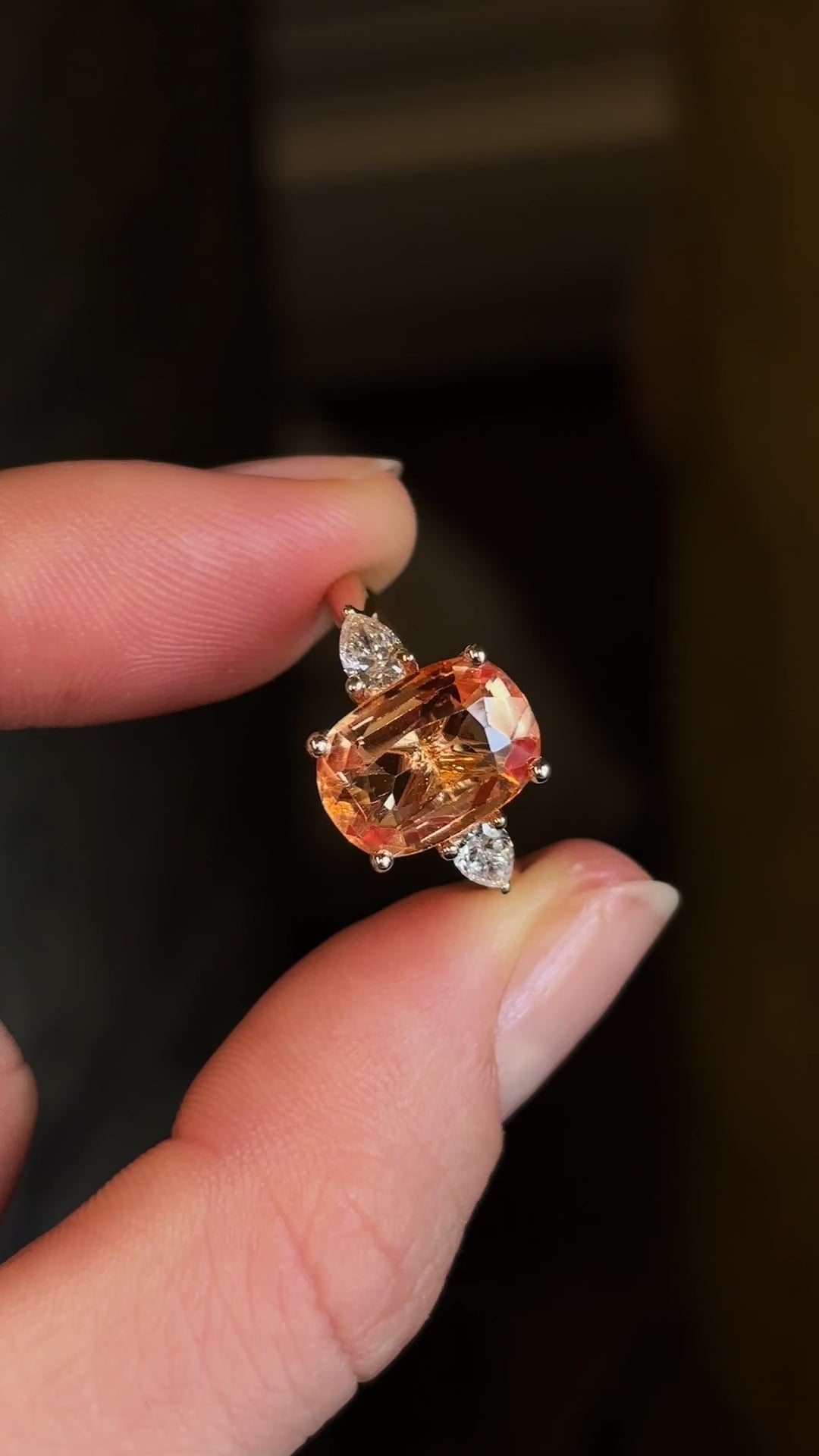 Old orange cushion-cut topaz & diamond three-stone ring – Antique