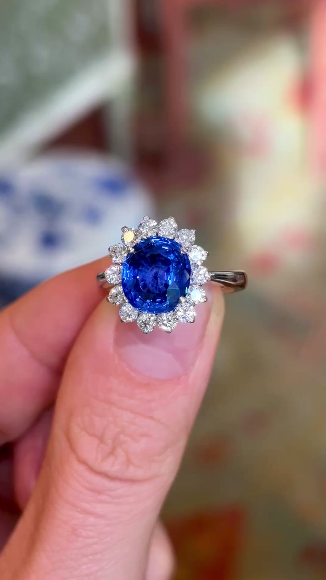 Vintage, Royal Blue sapphire & diamond cluster ring