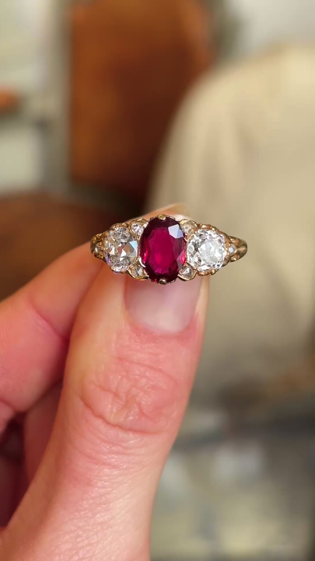 Antique, Victorian natural ruby & diamond three-stone ring