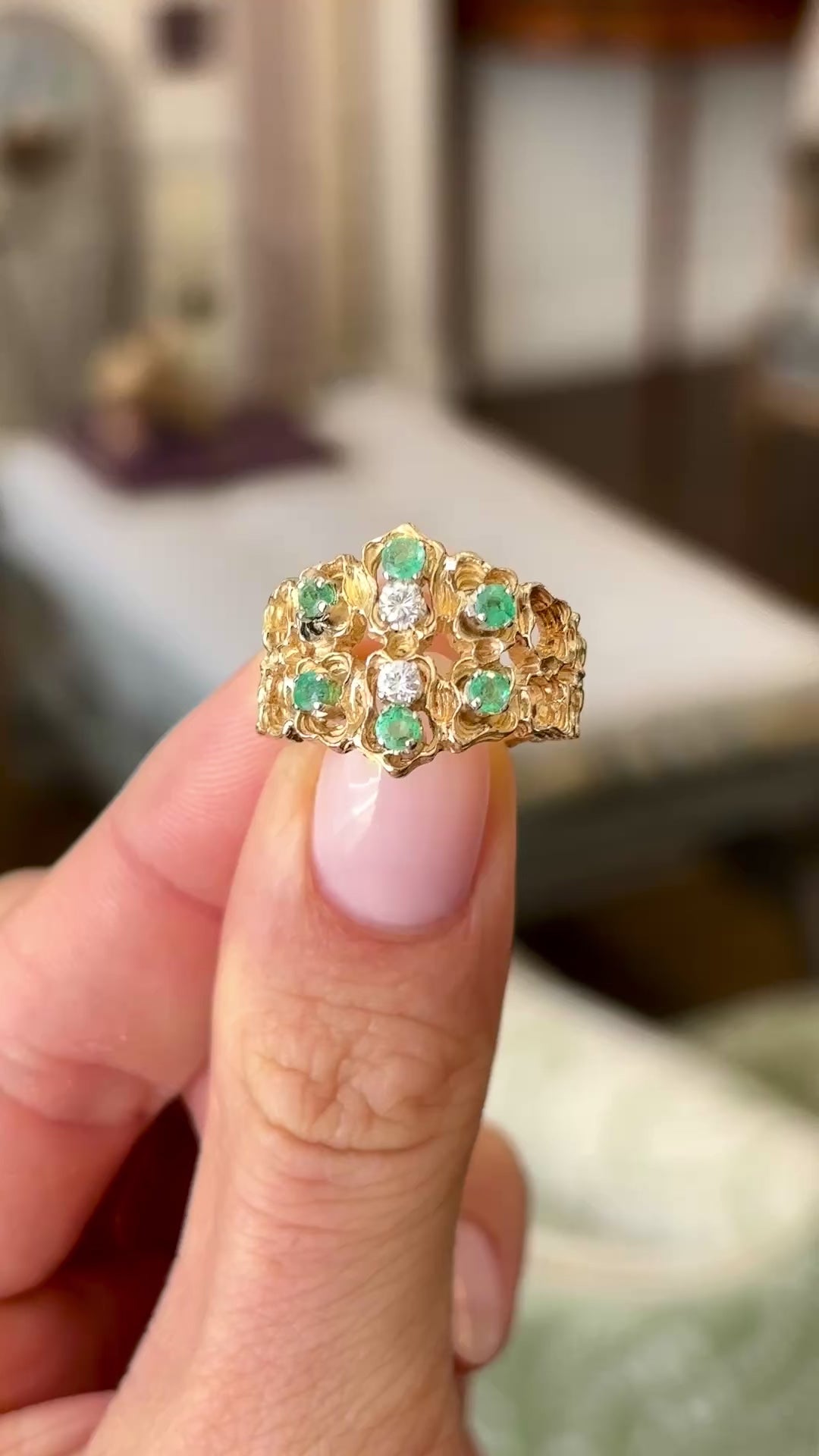 Vintage, textured diamond & emerald ring