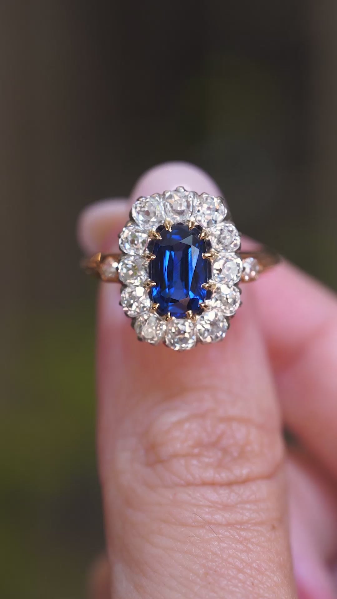 Antique, Jugendstil Royal-blue sapphire and diamond cluster ring