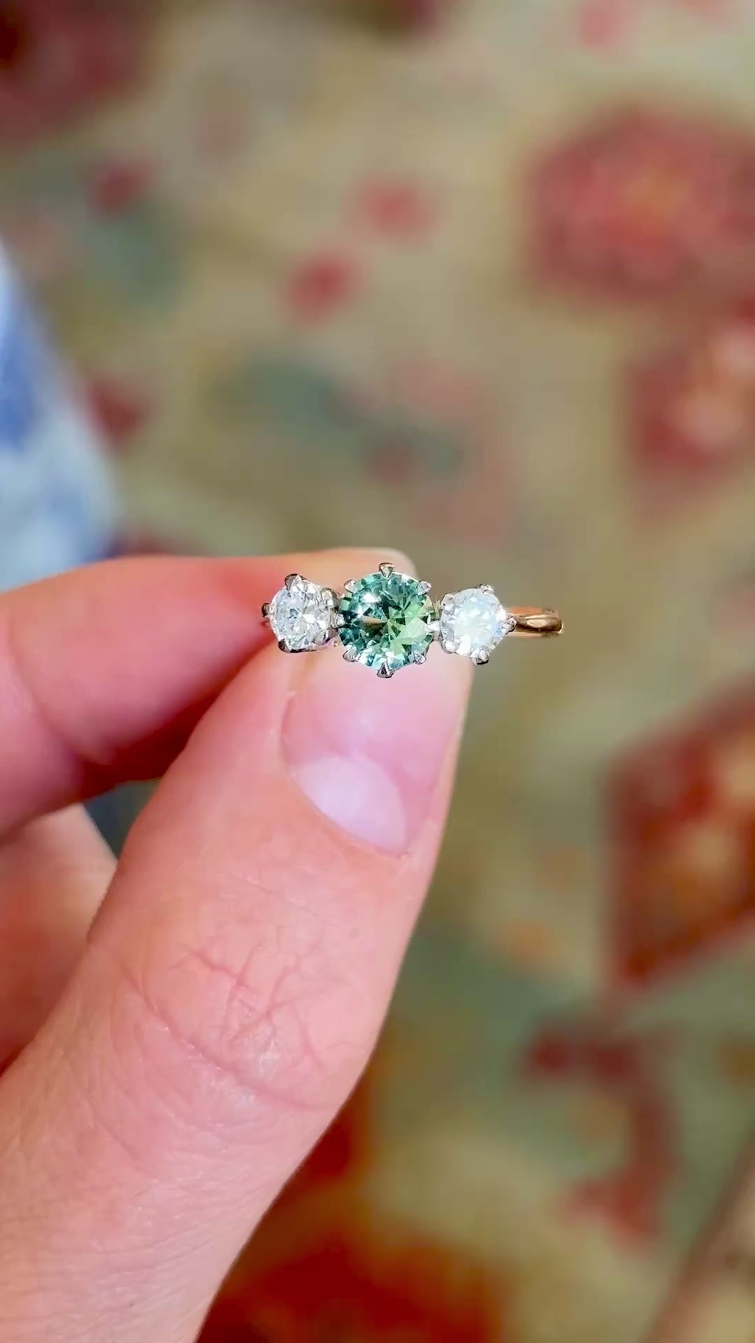 Vintage, 1950s Green-teal sapphire & diamond three-stone ring