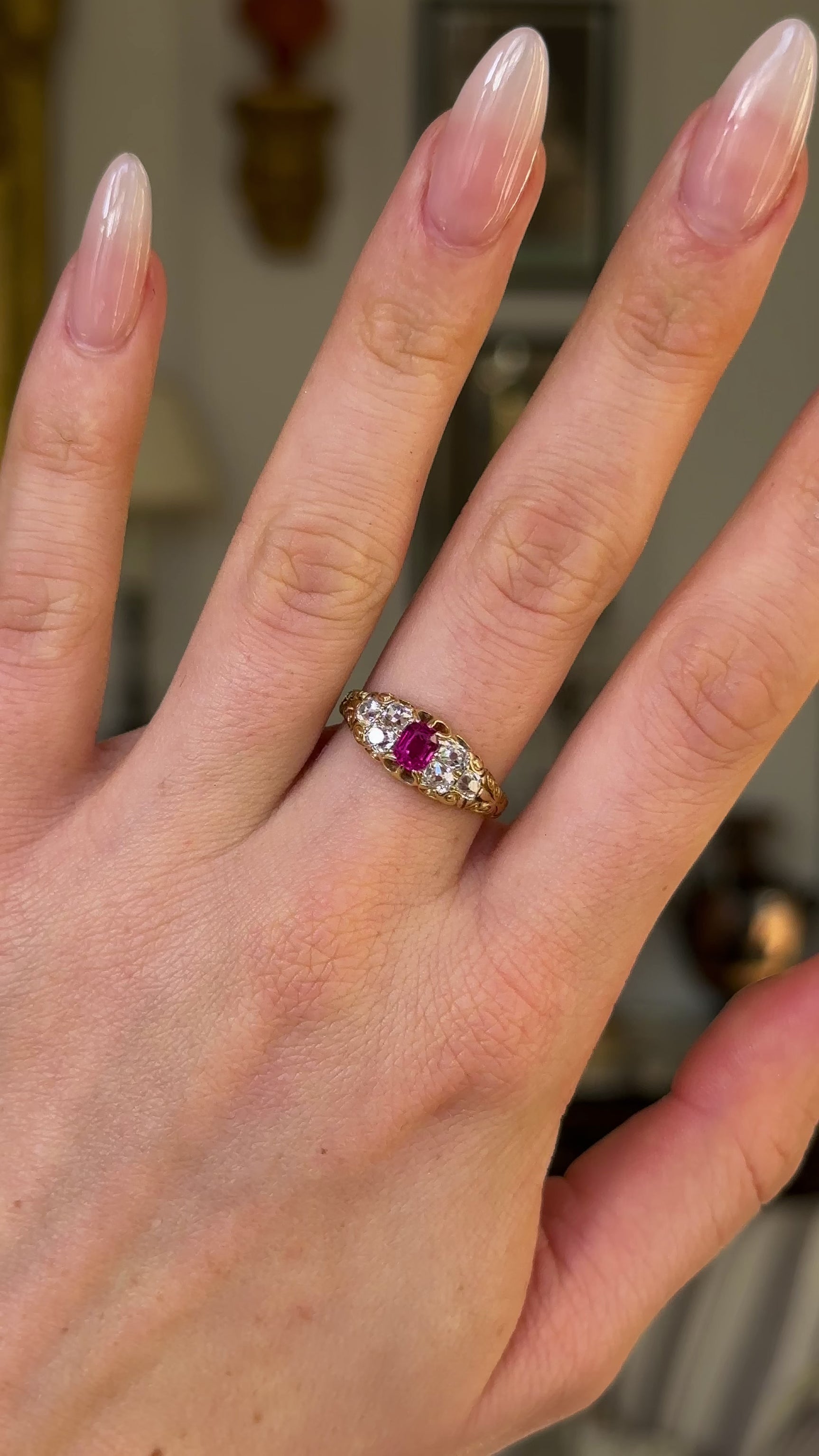 Antique, Victorian Burmese Ruby and Diamond Engagement Ring, 18ct Yellow Gold worn on hand and rotated to give perspective.