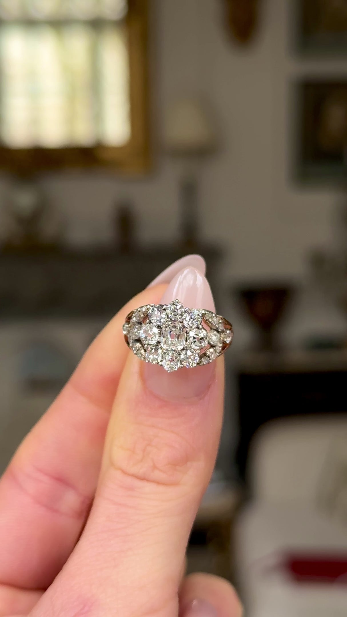 Antique, Georgian Diamond Cluster Ring, rotated to give perspective.