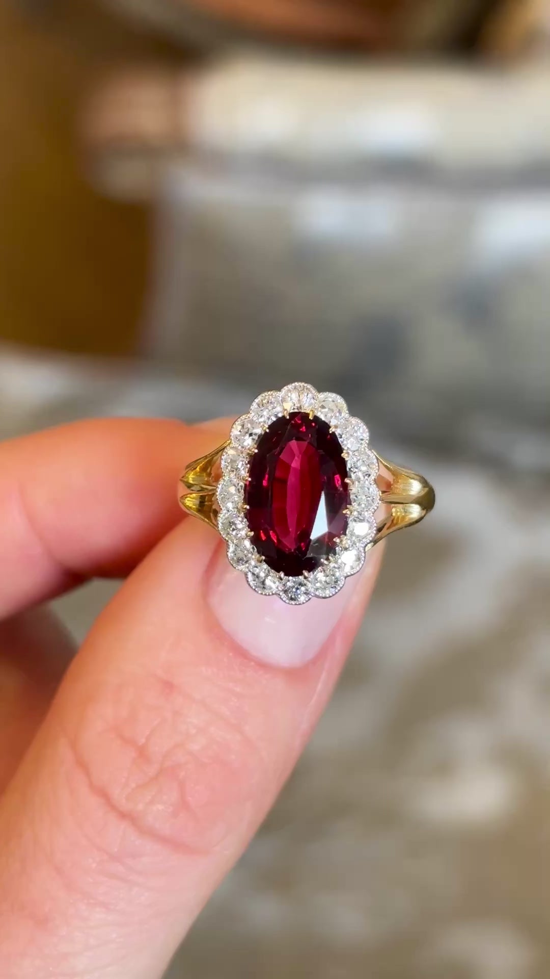 Antique, Edwardian red spinel and diamond engagement cluster ring
