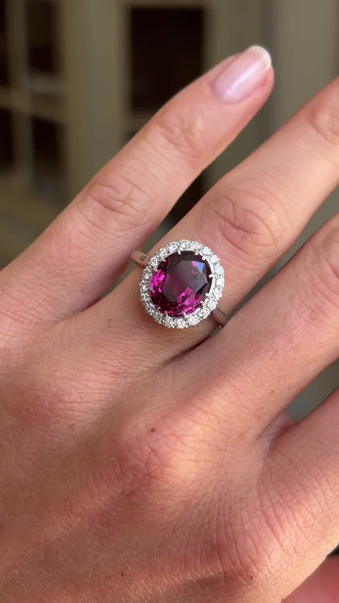 Vintage 1960s garnet and diamond cluster engagement ring featuring an oval garnet surrounded by brilliant-cut diamonds, displayed on a hand.