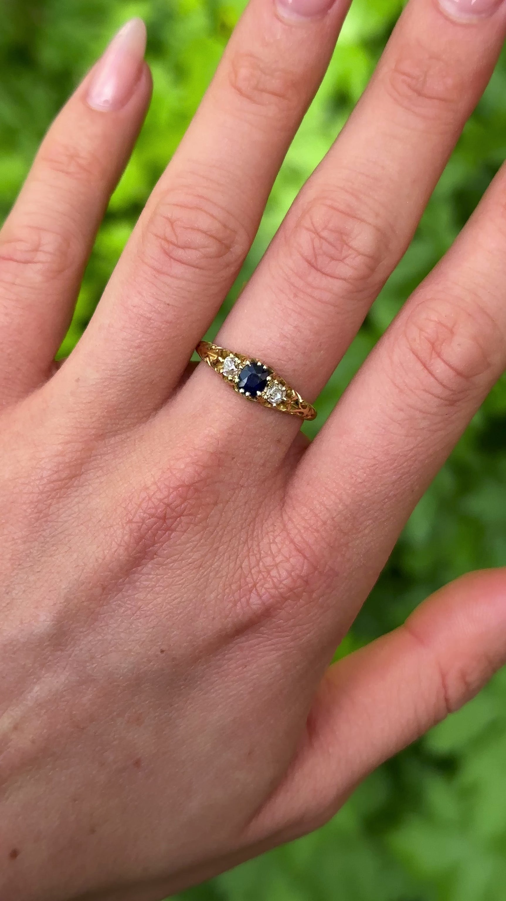 Antique, Edwardian Sapphire and Diamond Three-Stone Ring, 18ct Yellow Gold worn on hand.