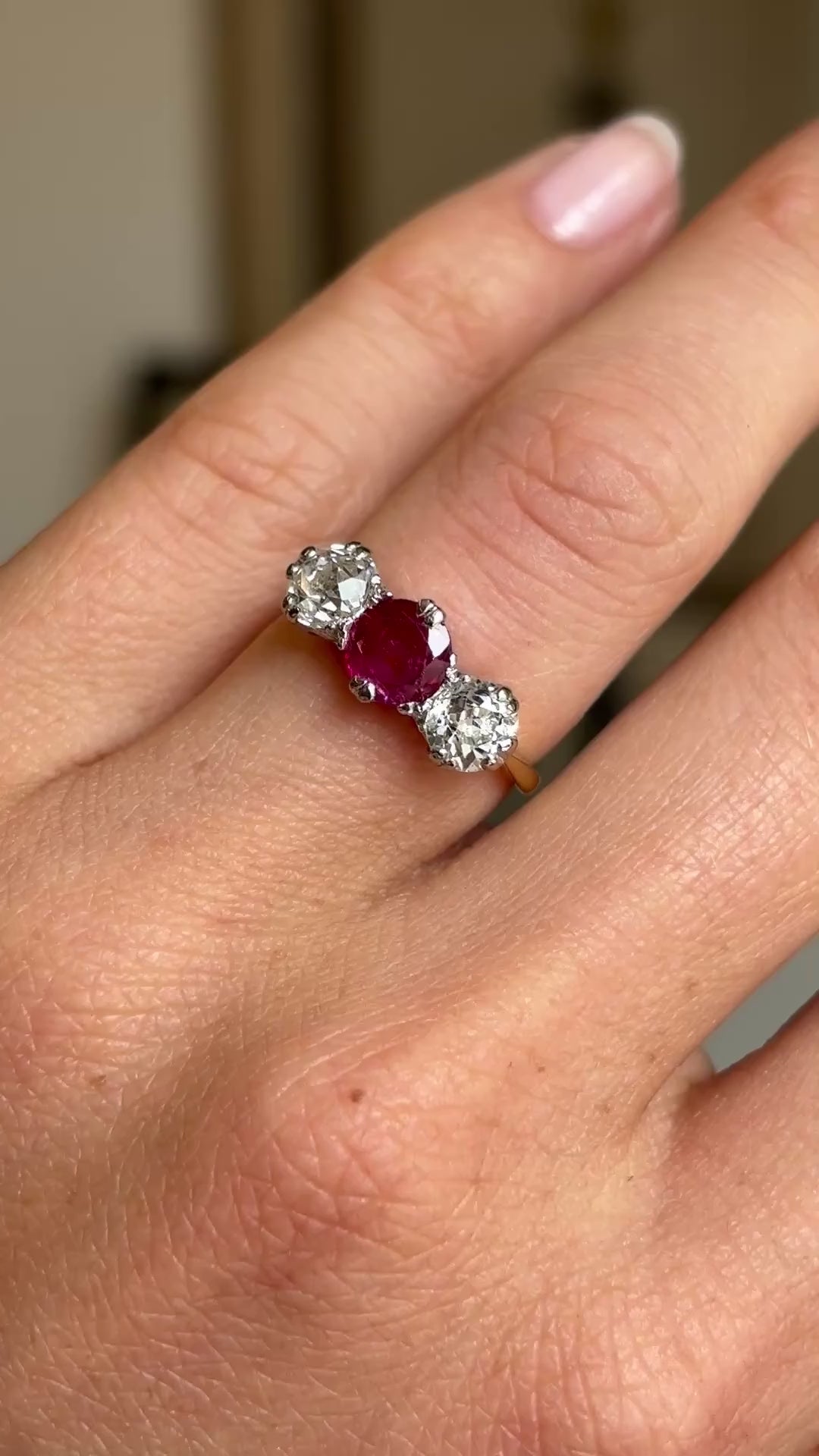 Antique, Edwardian Burmese ruby and diamond three-stone engagement ring