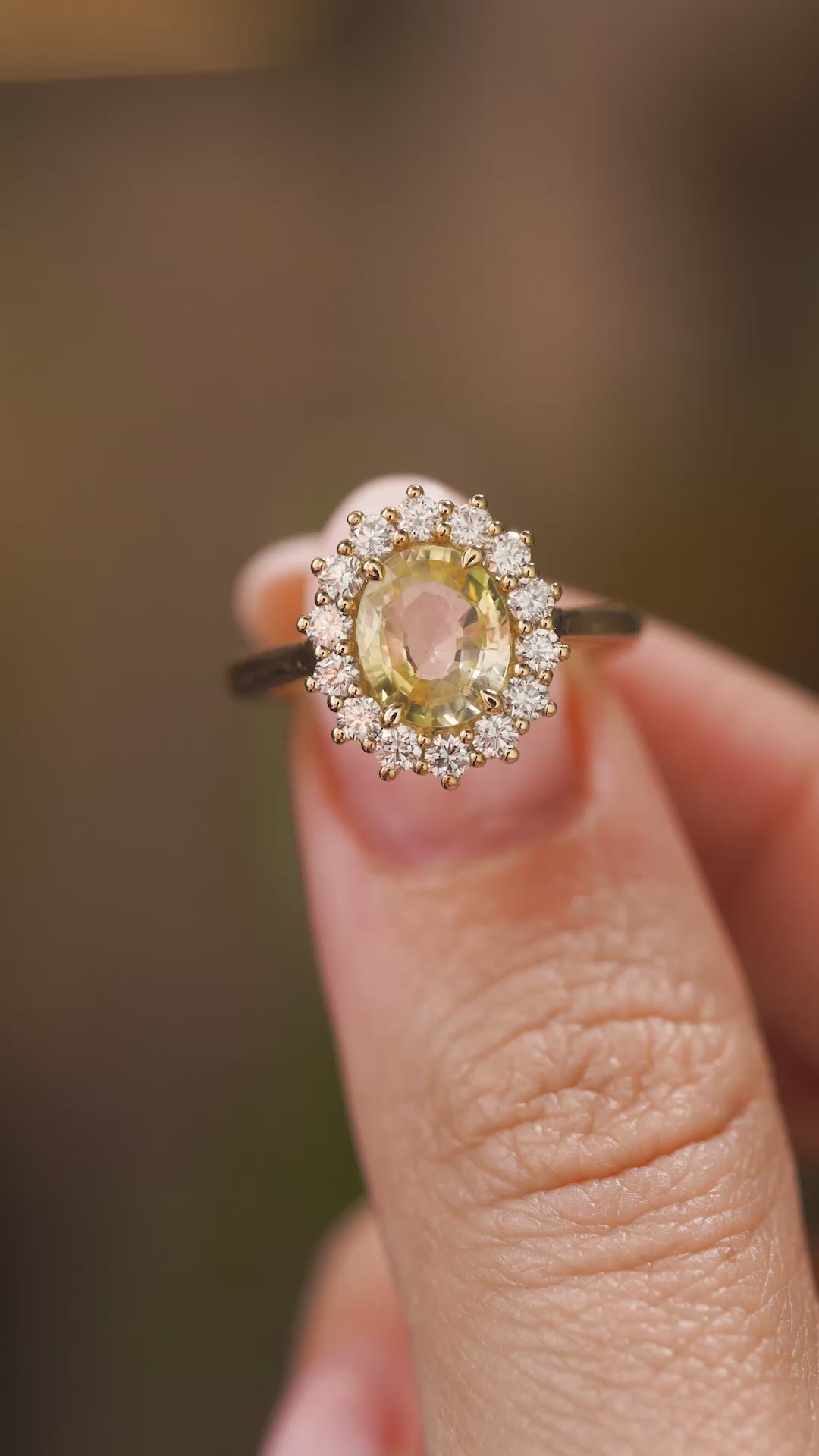 Antique-inspired, yellow sapphire and diamond cluster engagement ring