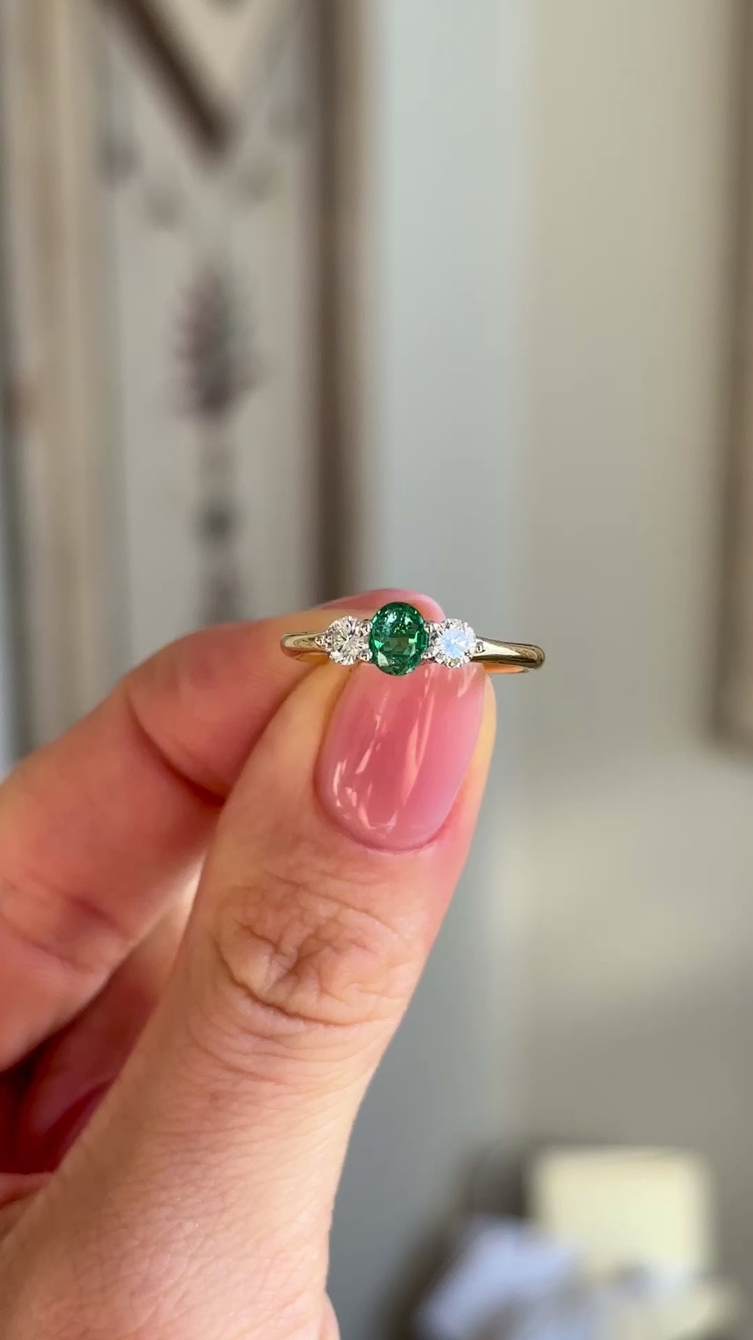 Vintage, 1970s emerald & diamond three-stone ring