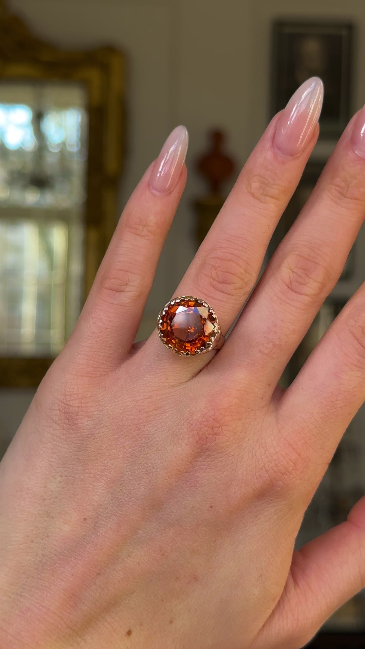 Vintage, 1980s Citrine Cocktail Ring, 18ct Yellow Gold worn on closed hand worn on hand and rotated