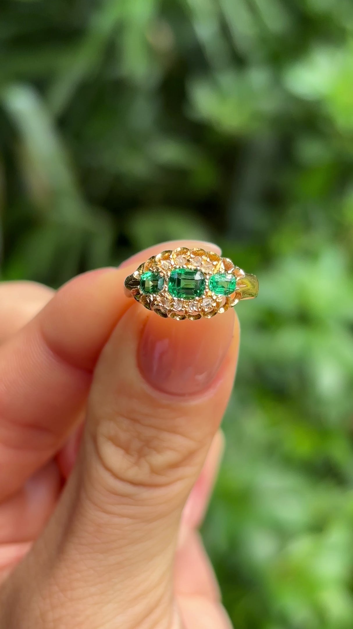 Antique, Edwardian emerald & diamond engagement ring, 18ct yellow gold