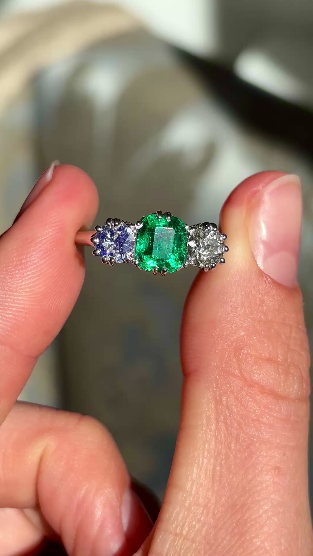 Vintage, Art Deco emerald & diamond three-stone ring