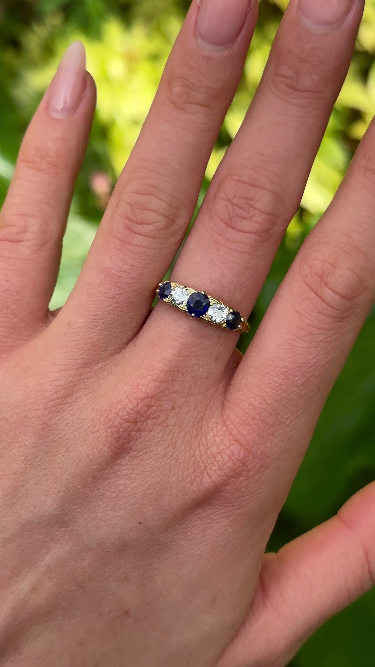 Antique, Edwardian Sapphire and Diamond Five-Stone Ring, 18ct Yellow Gold worn on hand. 