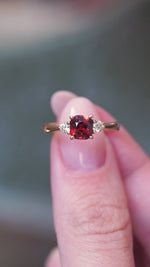 Antique inspired, cherry red spinel & diamond three-stone engagement ring