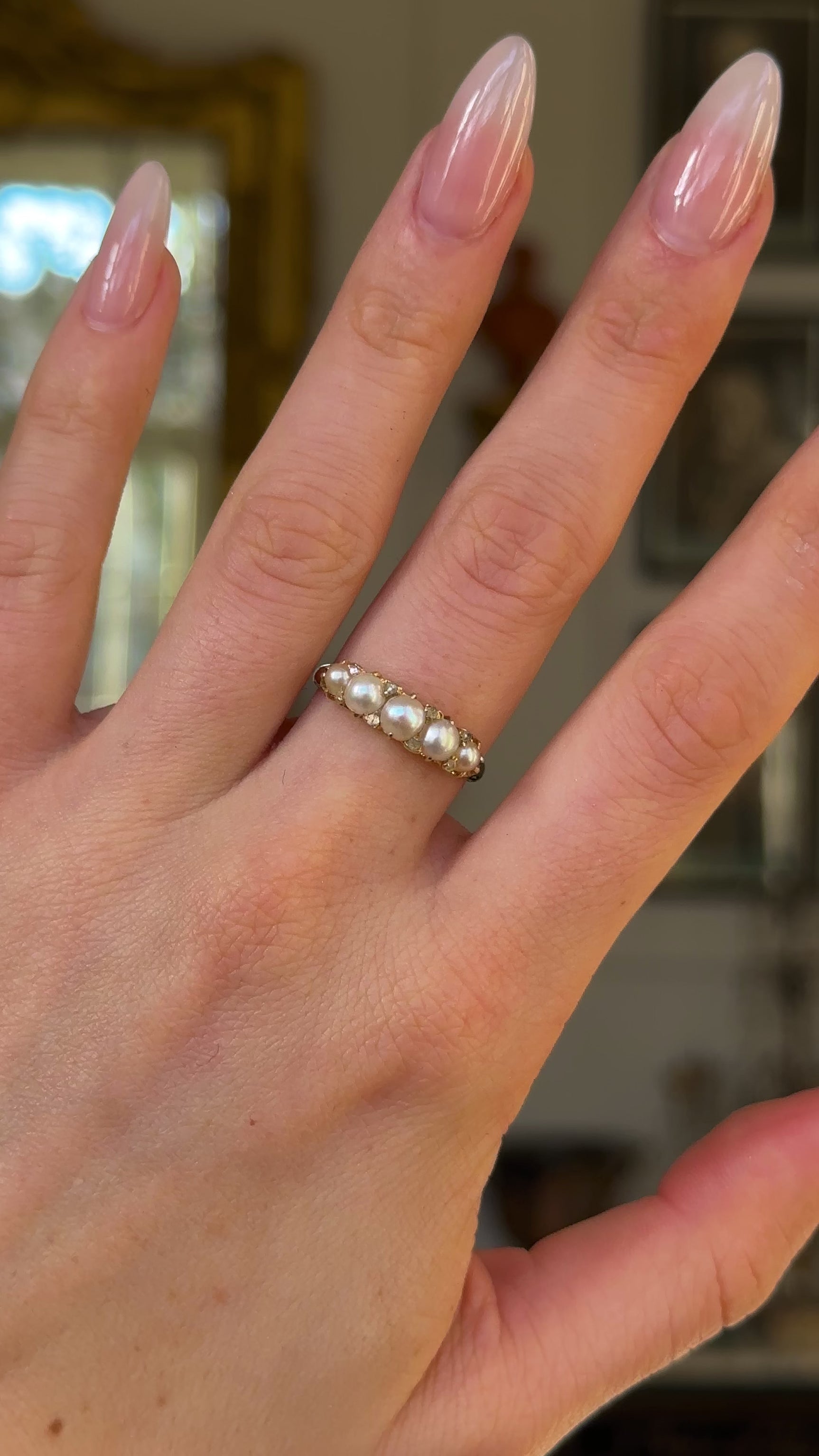 Antique, Victorian Pearl and Diamond Half Hoop Ring, 18ct Yellow Gold worn on hand and moved around to give perspective.