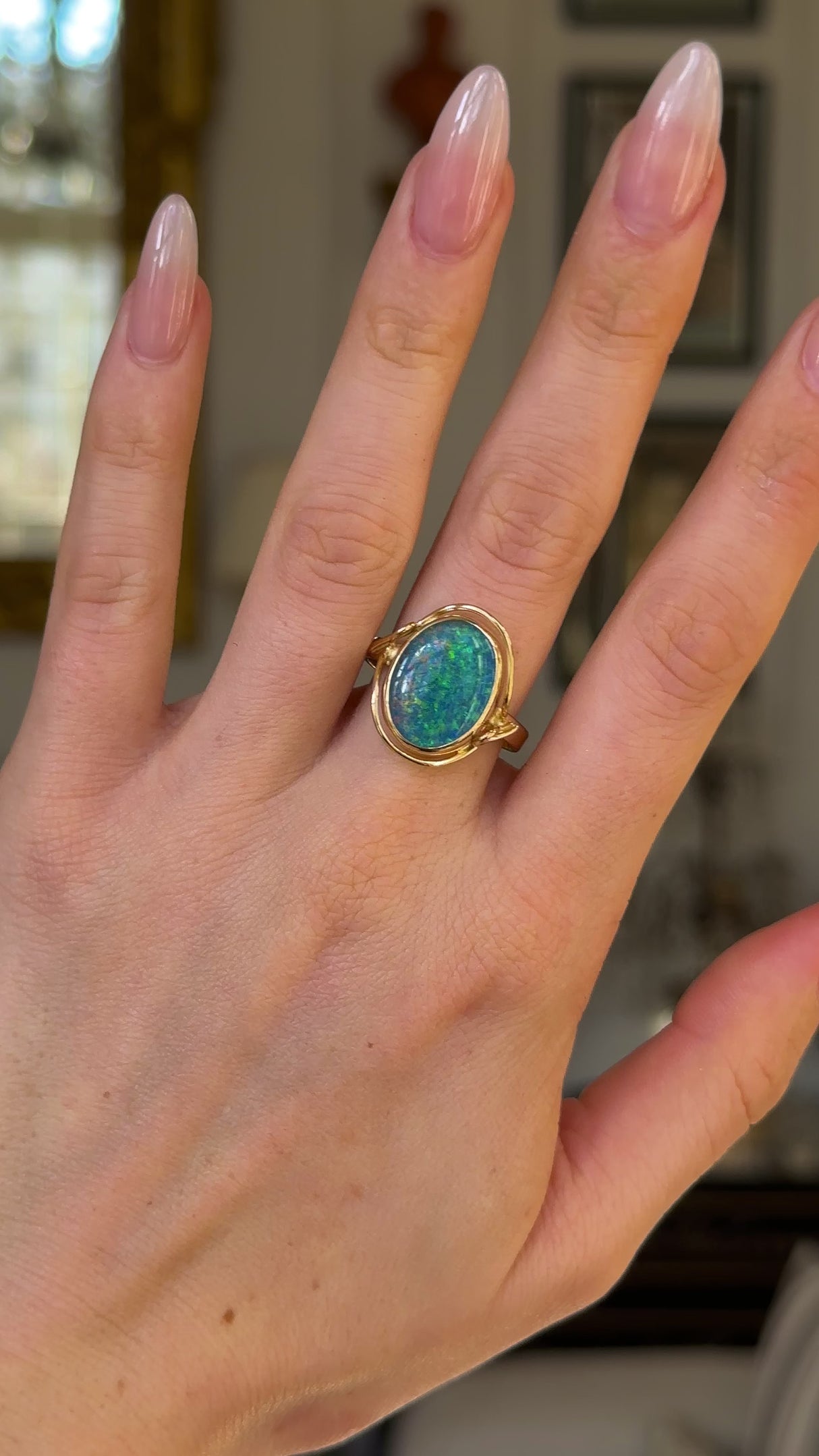Vintage, Simulated Black Opal Cocktail Ring, 18ct Yellow Gold worn on hand and rotated to give perspective.