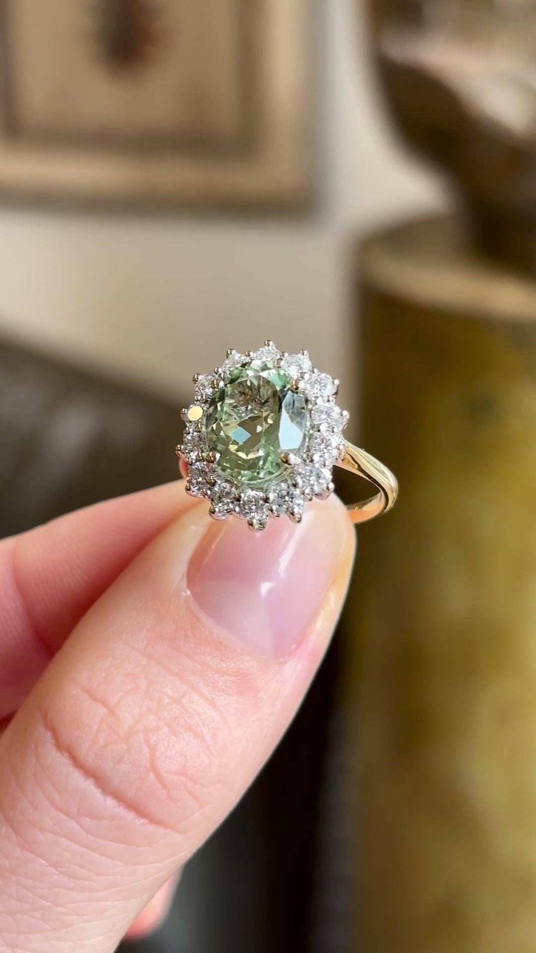 Vintage, 1970s green beryl & diamond cluster ring