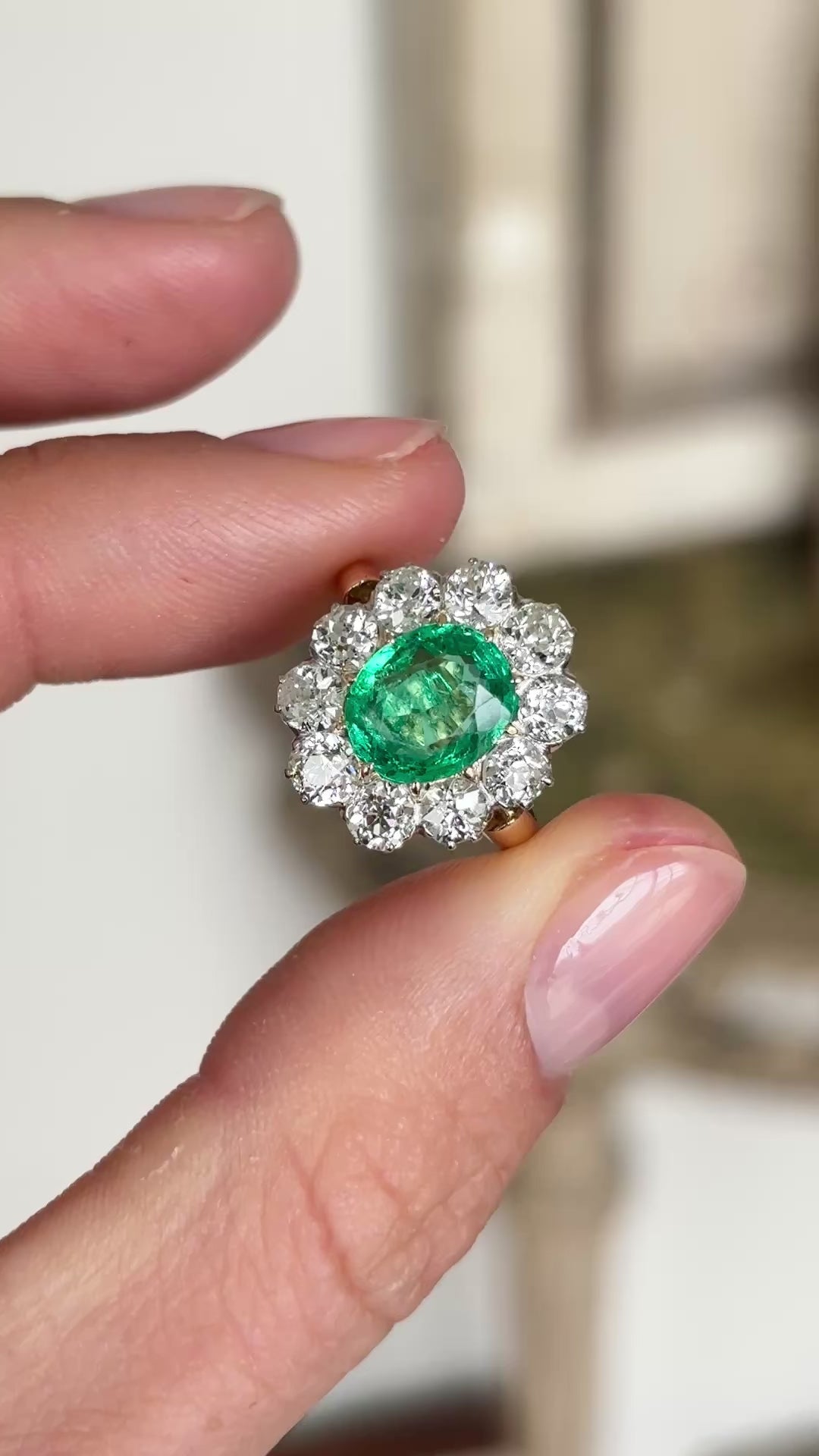 2443-Antique, Edwardian emerald & diamond cluster ring