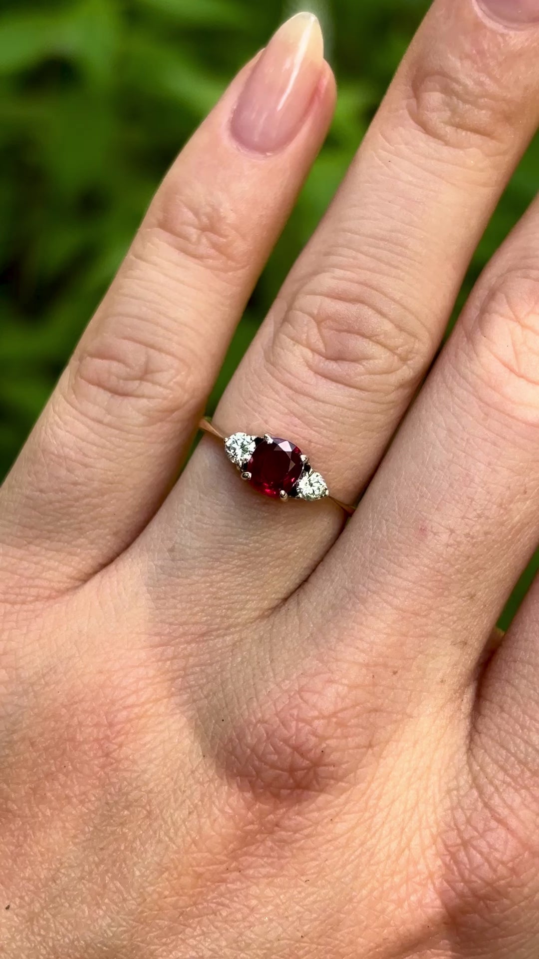 Vintage, Art Deco ruby & diamond three stone ring, 14ct yellow gold