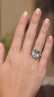 Video of an antique aquamarine and diamond cocktail ring worn on the hand, highlighting its icy blue colour and bold Art Deco proportions.