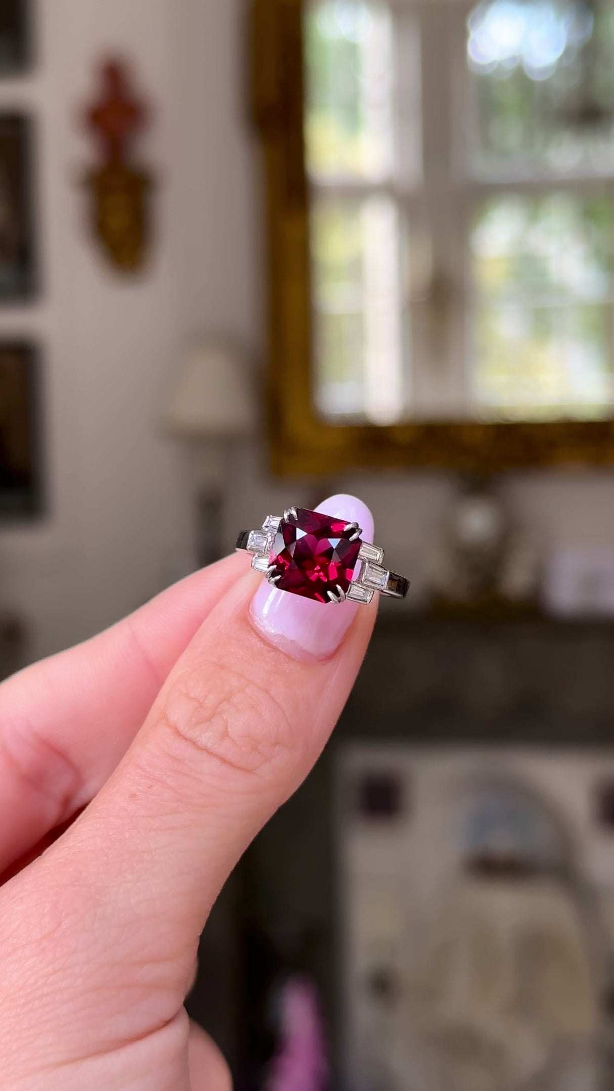 RESERVED Vintage, French, Red Garnet and Diamond Ring, 18ct White Gold