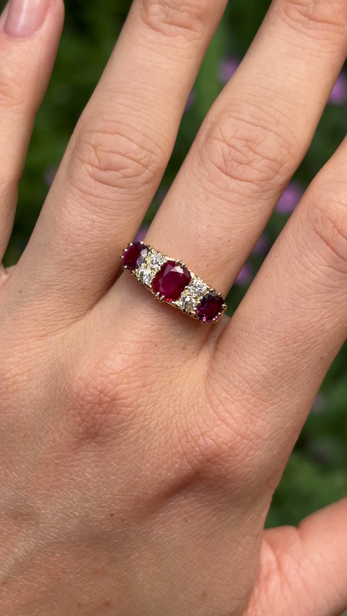 Antique, Victorian ruby & diamond three-stone half-hoop, 18ct yellow gold