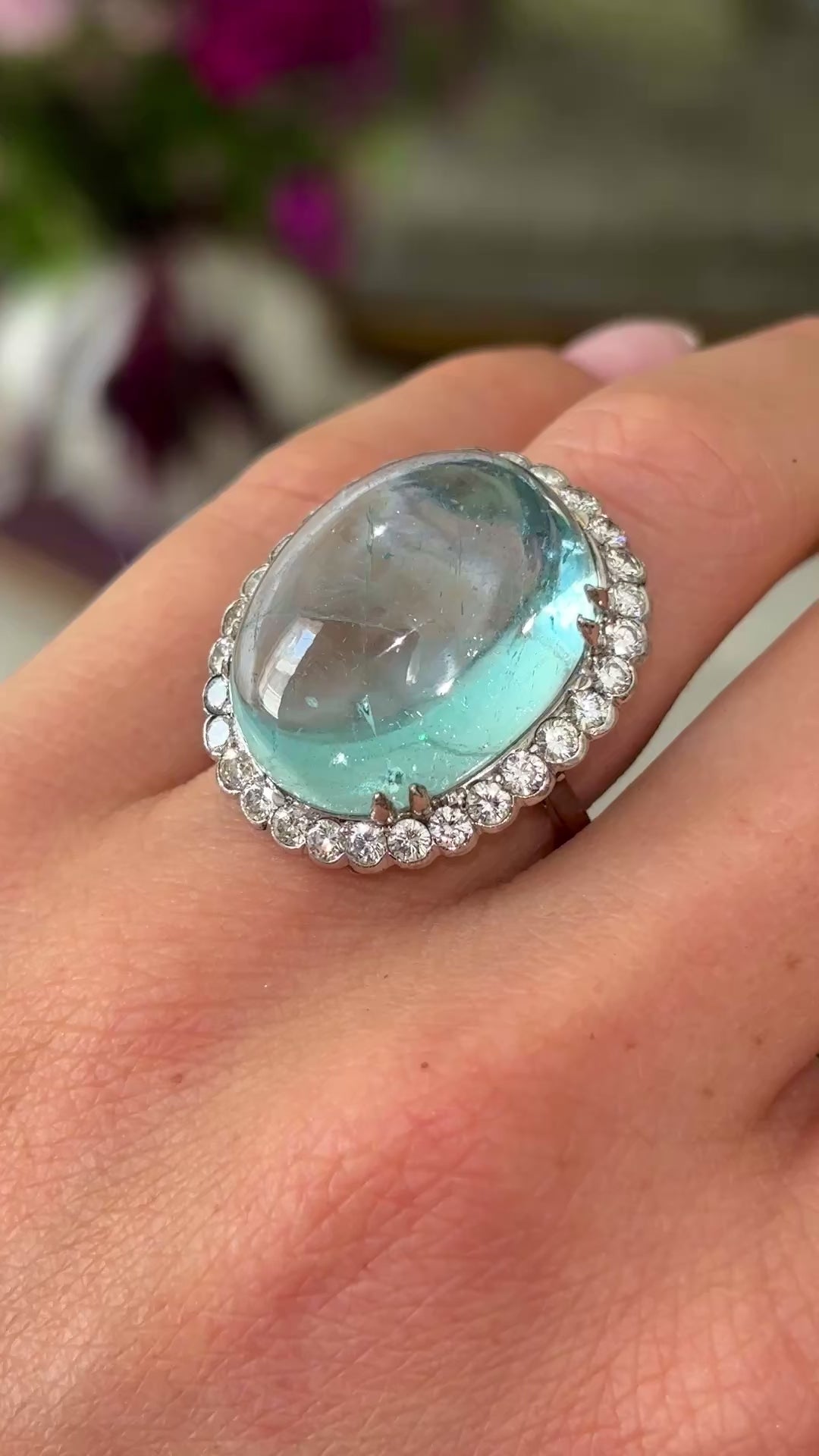 Vintage cabochon aquamarine & diamond cluster cocktail ring
