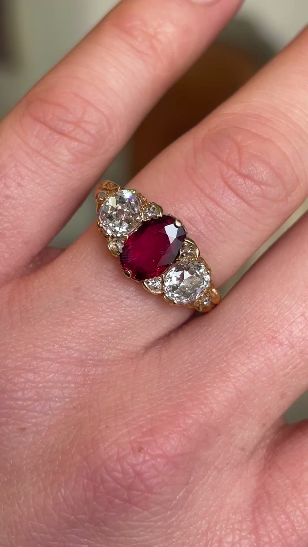 Antique, Victorian natural ruby & diamond three-stone ring