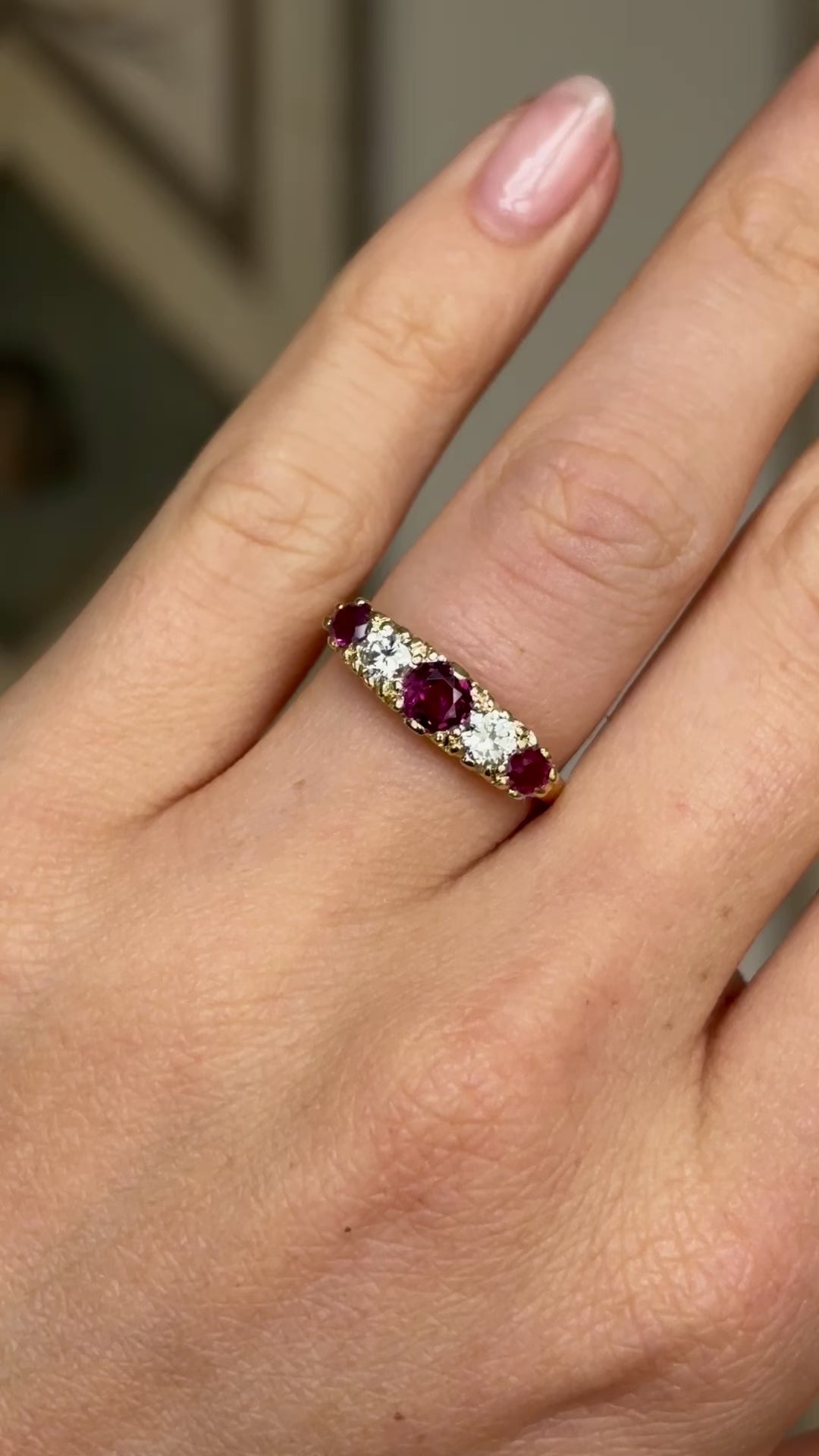 Antique, Edwardian five stone ruby and diamond ring