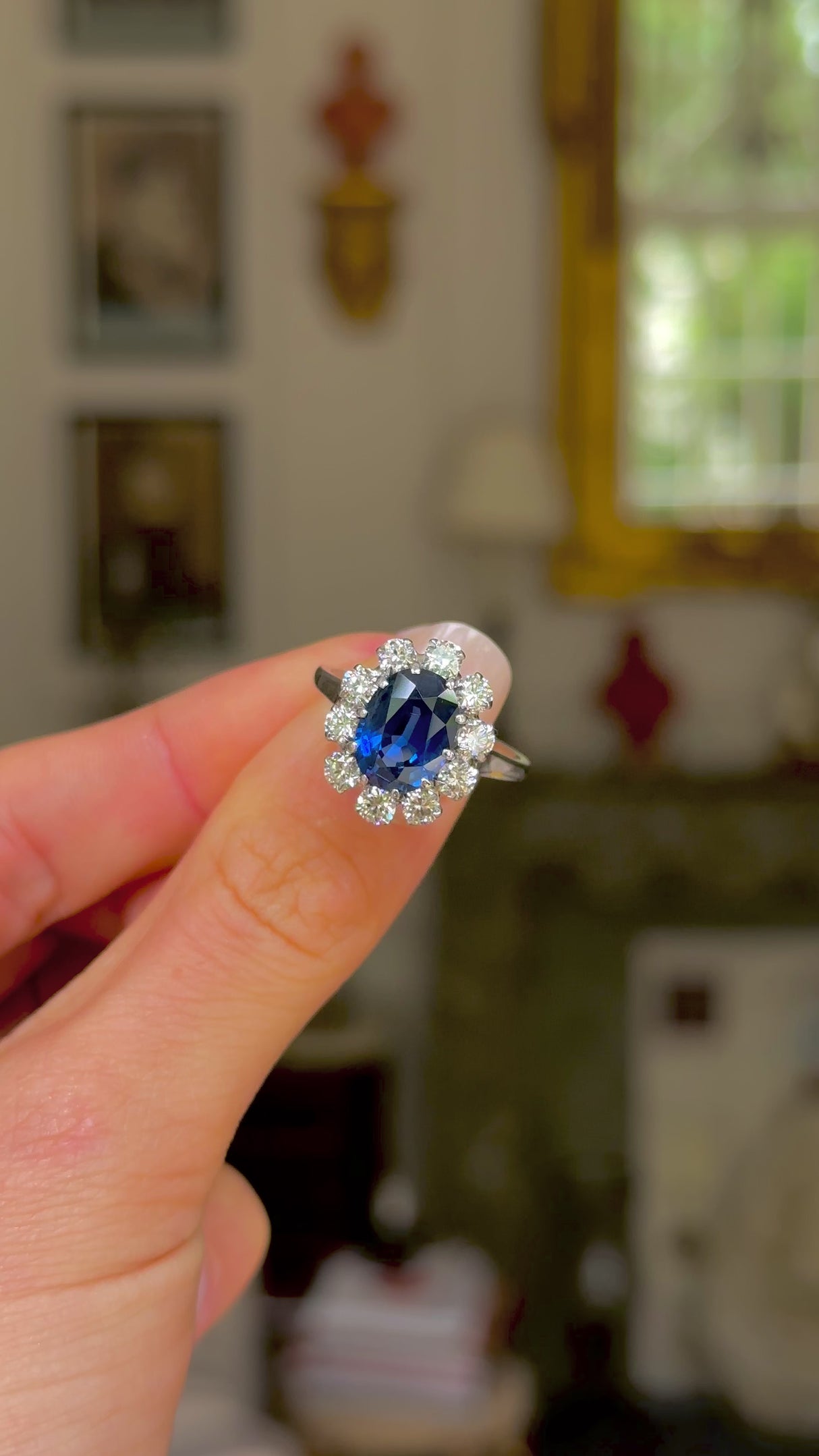 Vintage, 3.80ct oval blue sapphire & diamond cluster ring, 18ct white gold