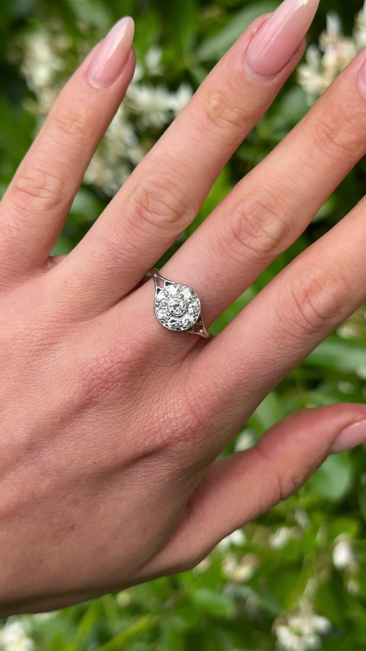 Vintage, Art Deco Diamond Cluster Engagement Ring, Platinum worn on hand.