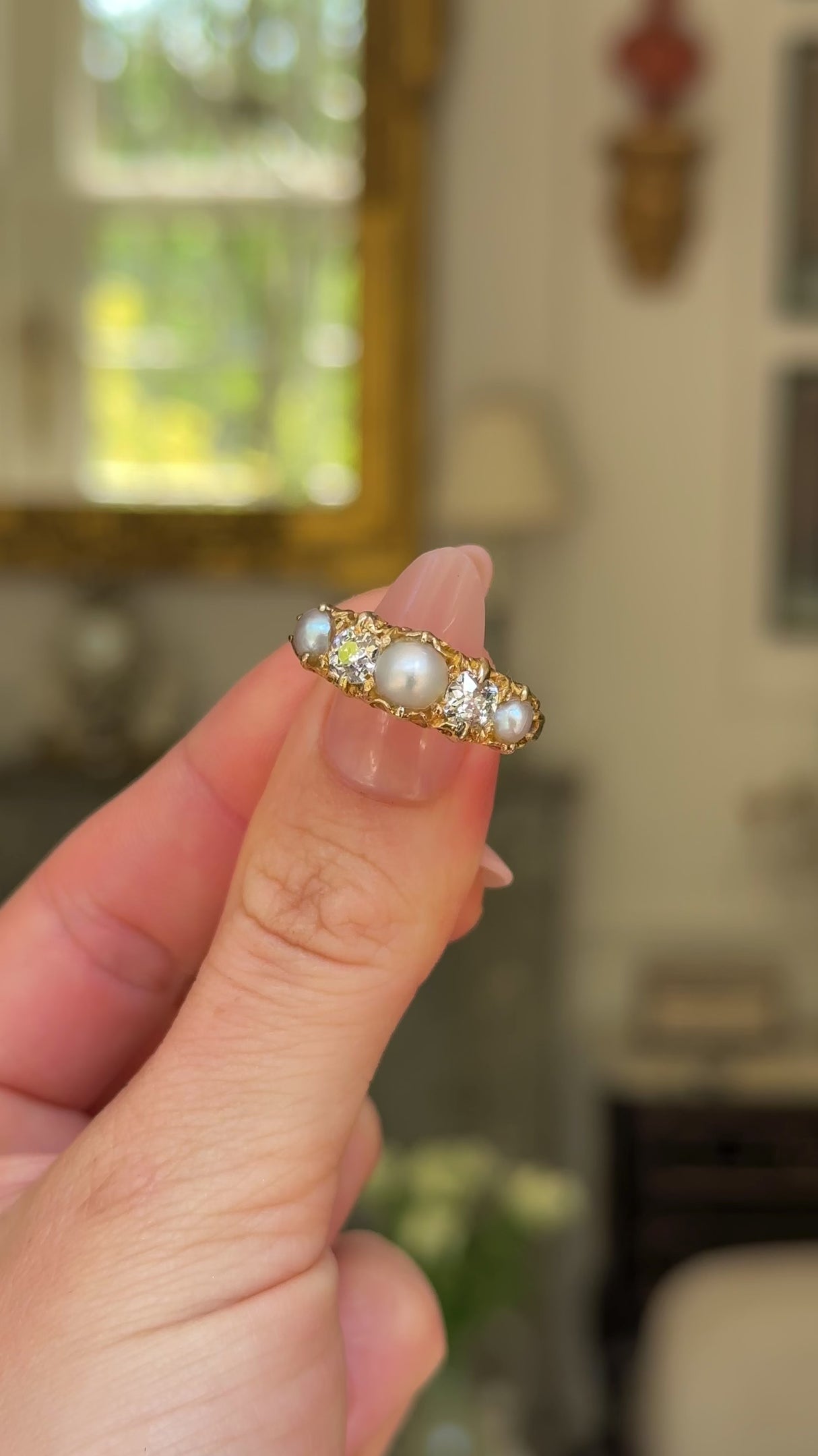 Victorian, pearl and diamond five stone half hoop ring, 18ct yellow gold