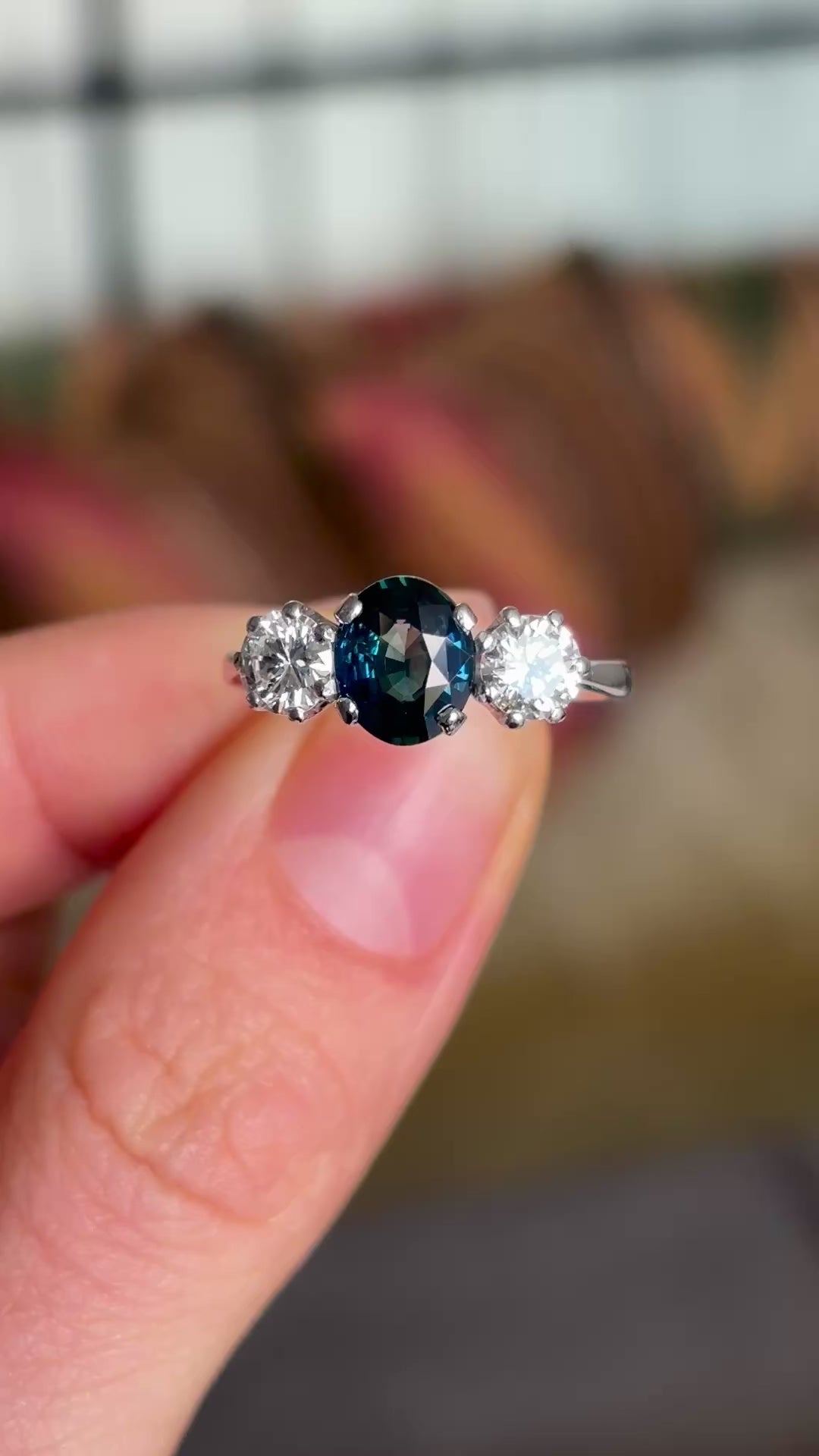 Vintage, 1950s teal sapphire & diamond three-stone ring