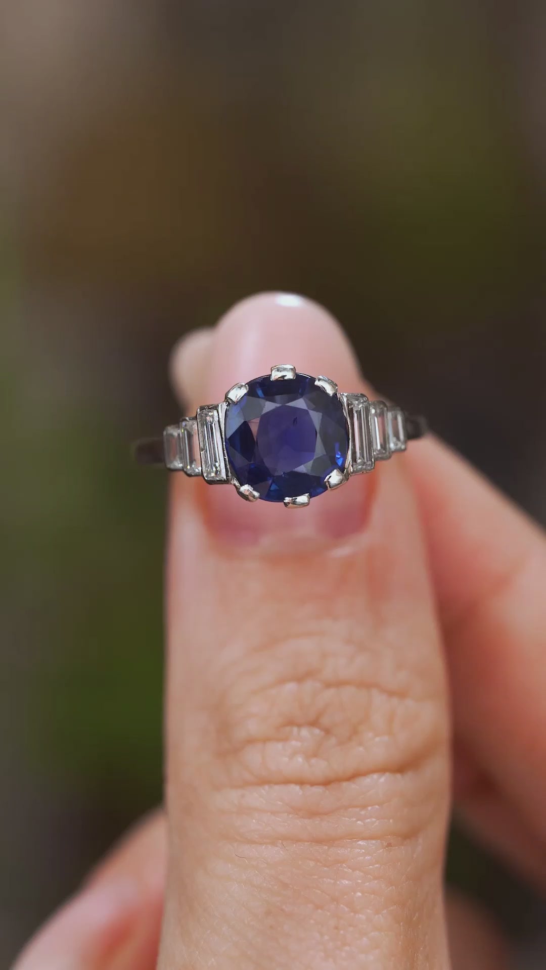 Antique, Art Deco blue sapphire and diamond engagement ring