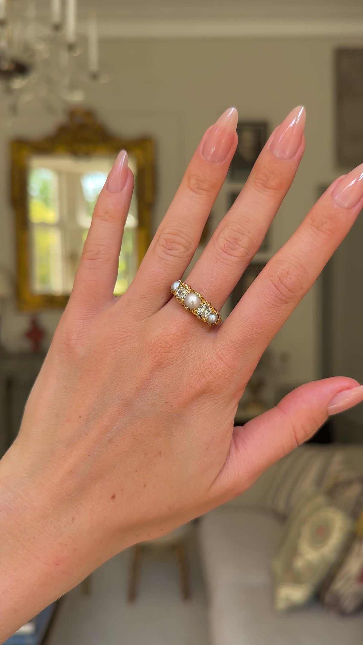 Victorian, pearl and diamond five stone half hoop ring, 18ct yellow gold