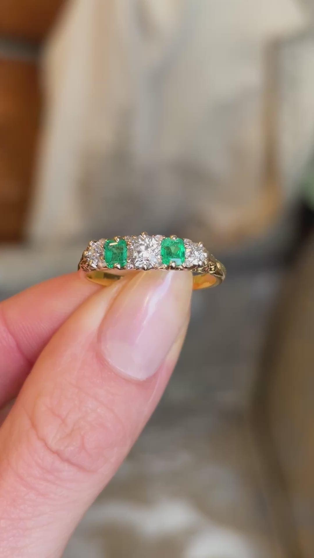 Antique, Edwardian diamond and emerald five-stone ring