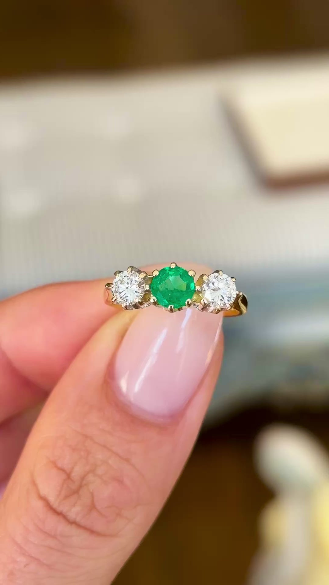 Vintage, 1990s emerald & diamond three-stone ring
