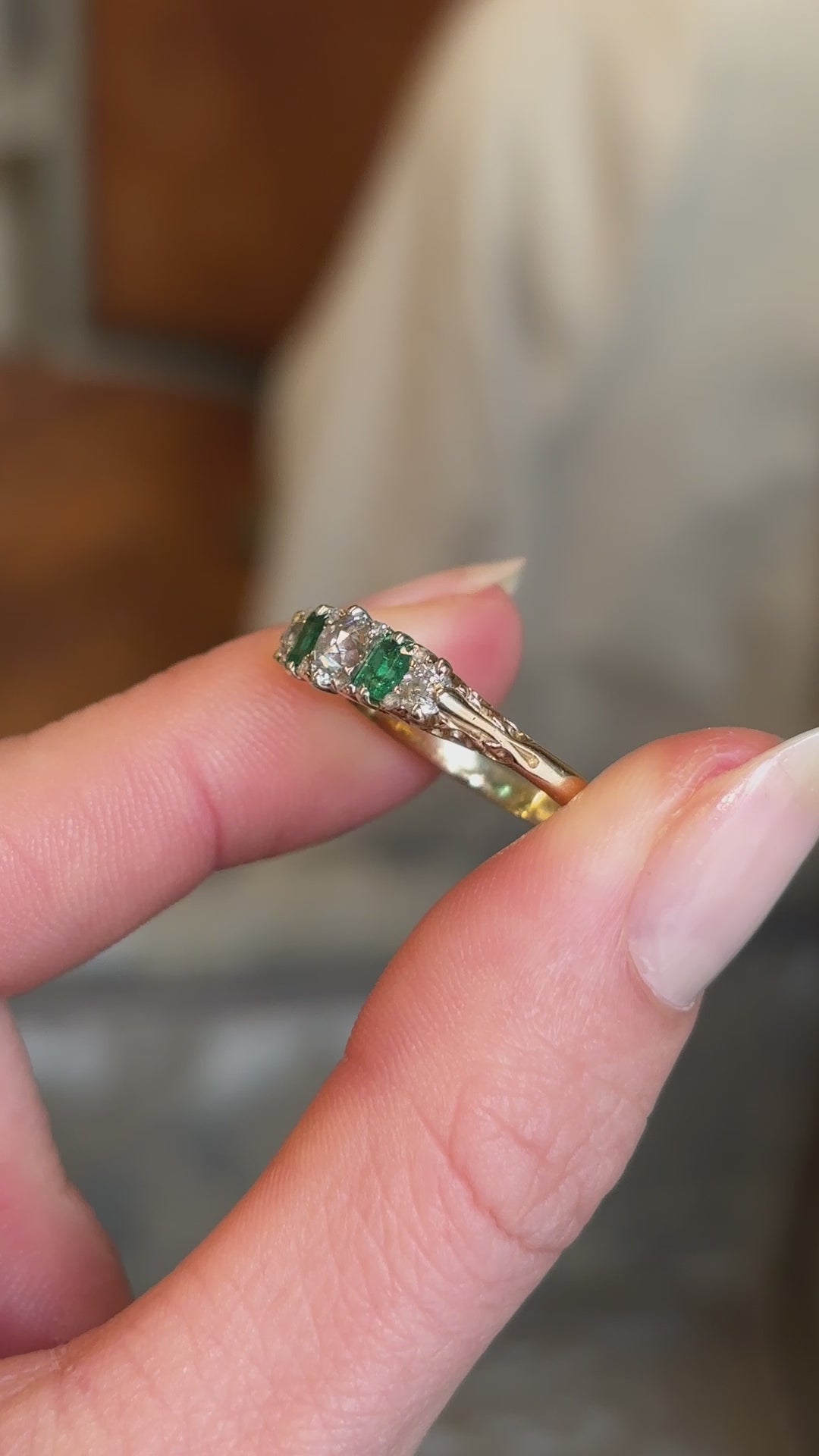 Antique, Edwardian diamond and emerald five-stone ring