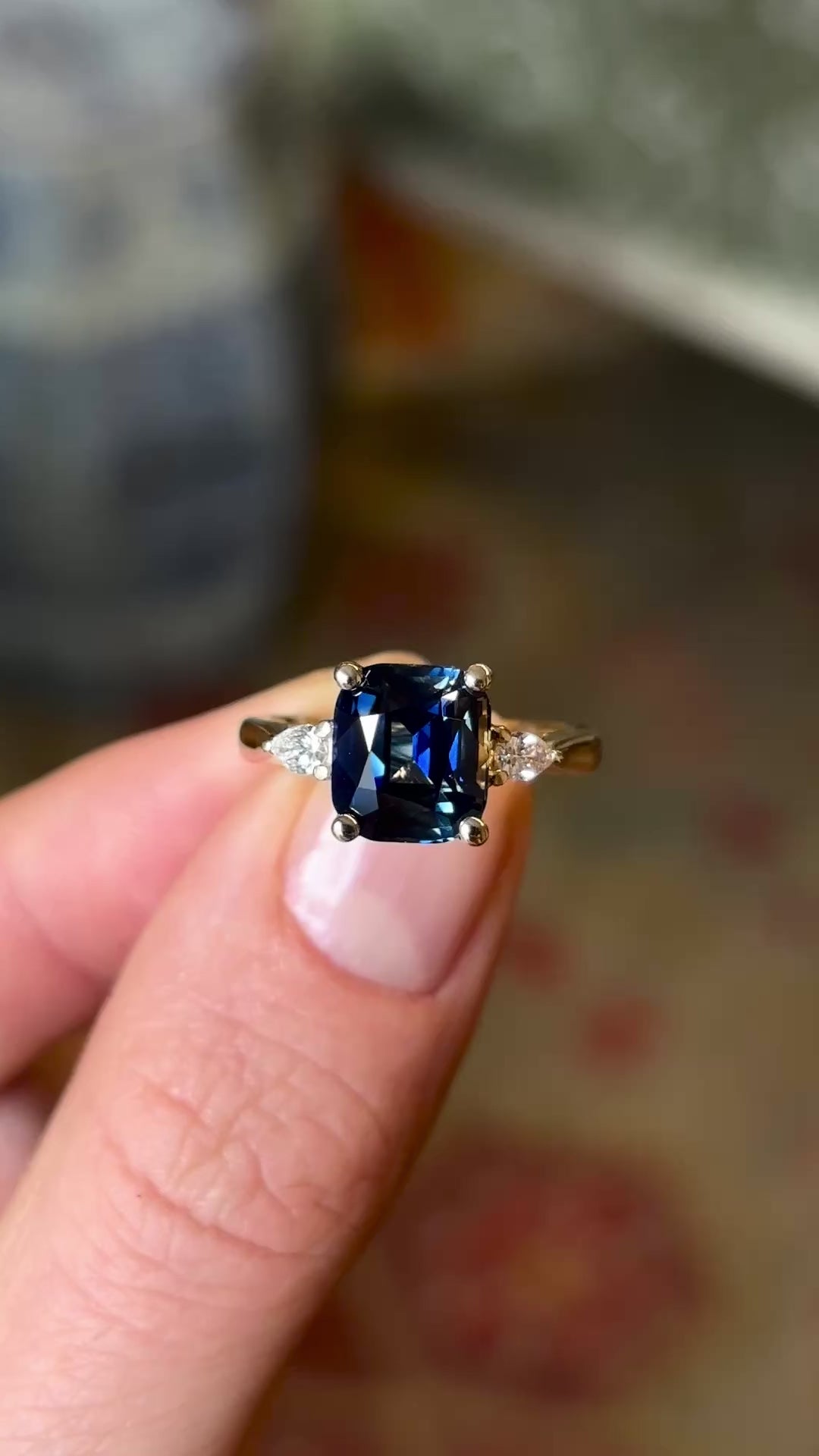 Bi-colour sapphire and diamond three-stone ring