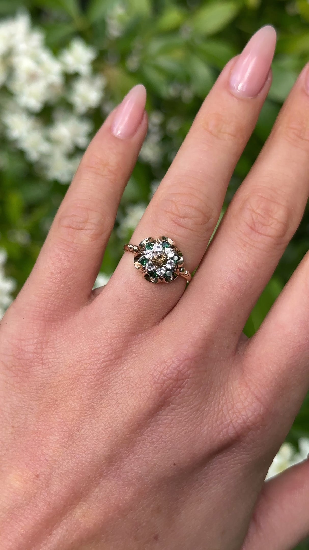 Vintage, 1970s Cognac Diamond, Emerald and White Spinel Ring, 9ct Yellow Gold worn on hand.
