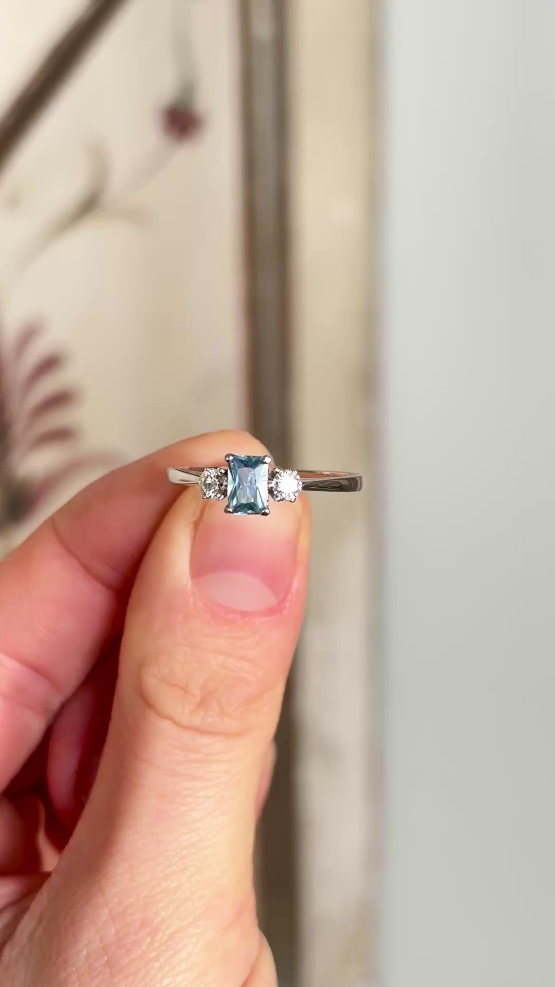 Vintage, 1970s blue spinel & diamond three-stone ring