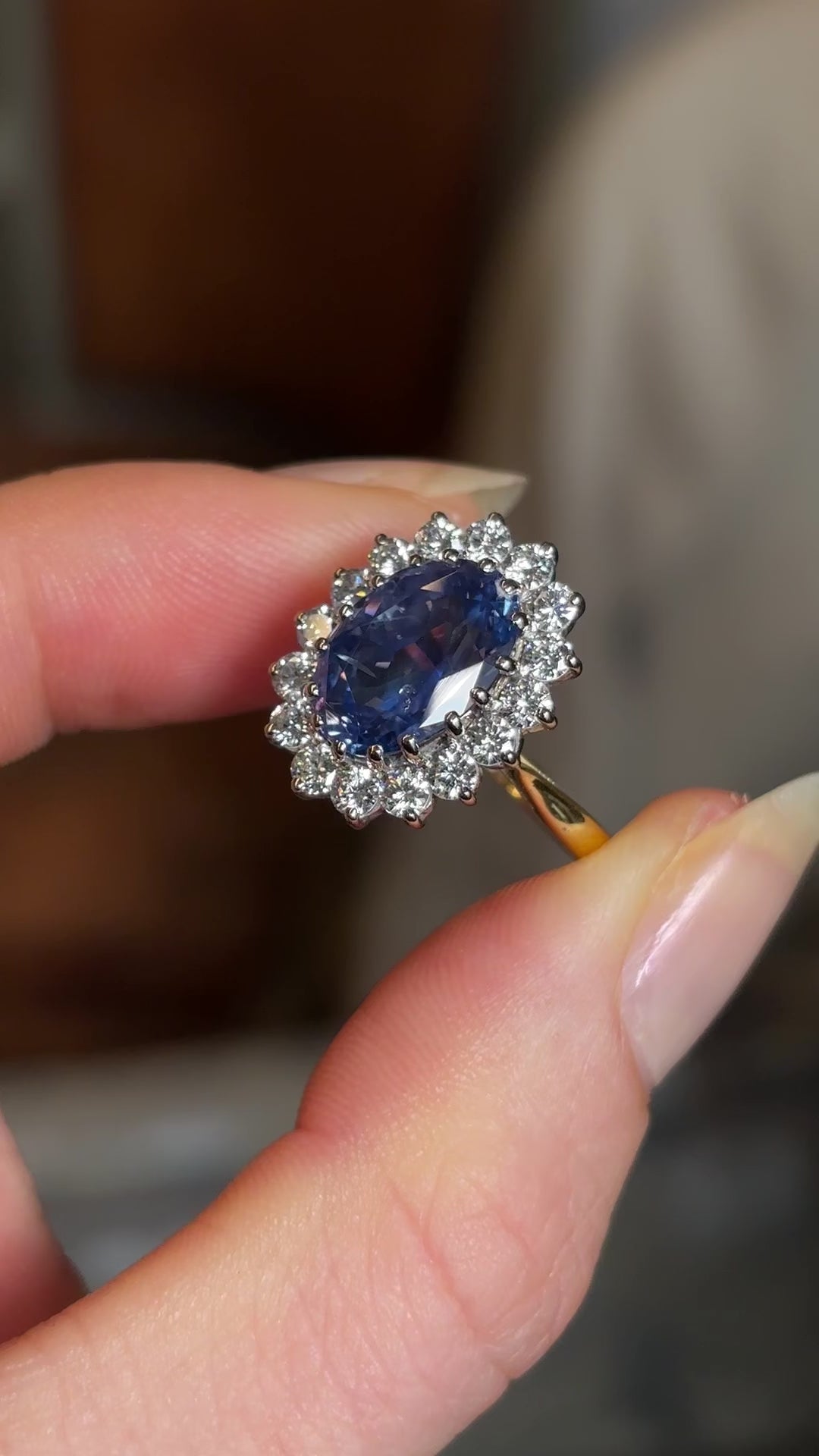 Vintage, Sri Lankan 5ct sapphire and diamond cluster engagement ring